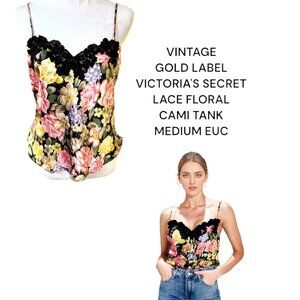VINTAGE‎ GOLD LABEL VICTORIAS SECRET FLORAL LACE CAMI TANK MEDIUM EUC